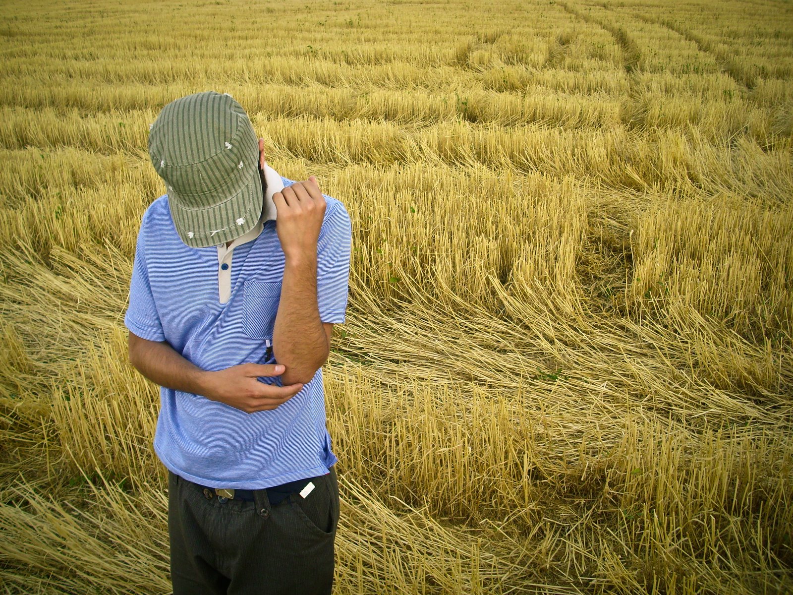 man in blue shirt talking on phone in field