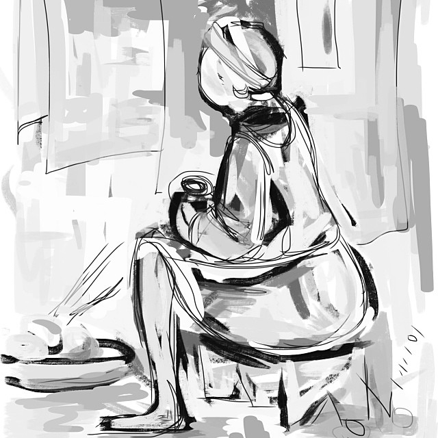 the black and white sketch of a person sitting on a chair