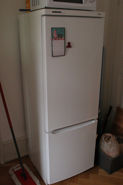a white refrigerator sitting in a kitchen next to a microwave oven