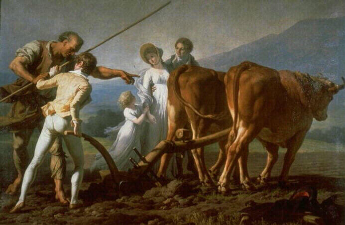 a painting showing people tending to a bunch of cows