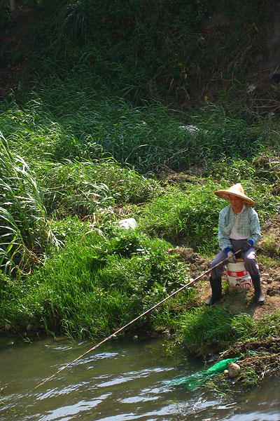a person kneeling down next to the river holding a net