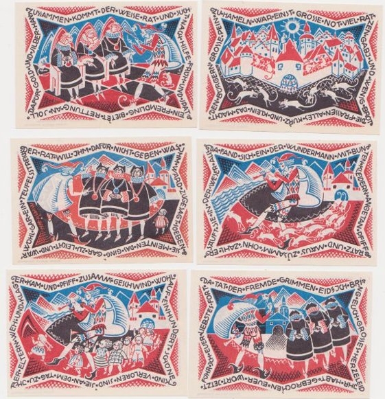 five different postage stamps, depicting different scenes