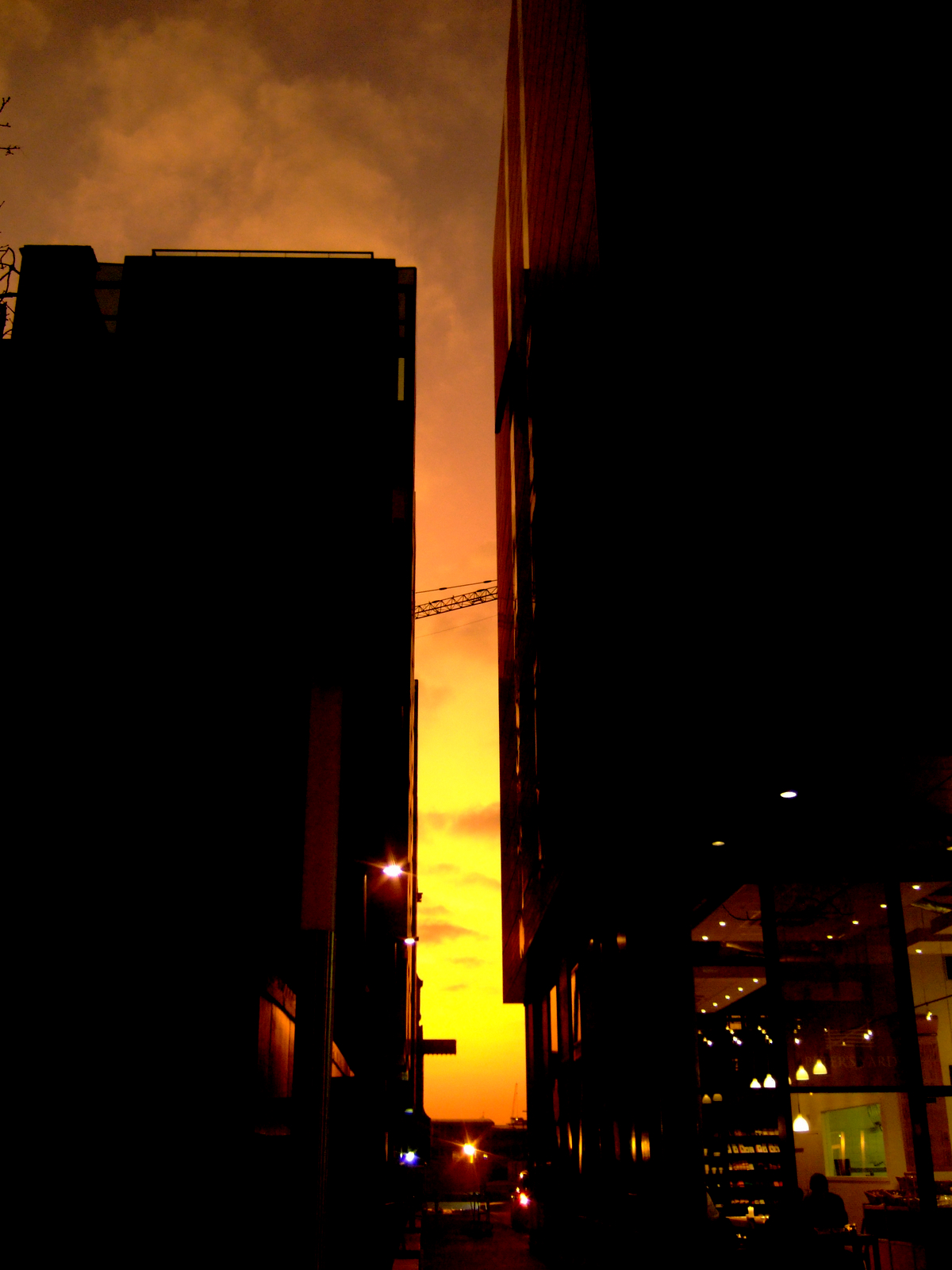 some buildings in a city are lit up and at night