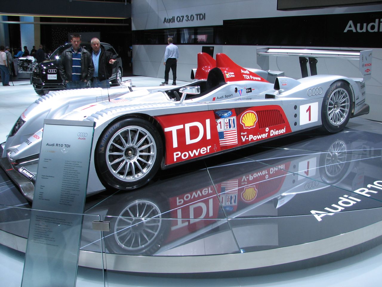 the porsche lm p3 is on display at the audi pavilion