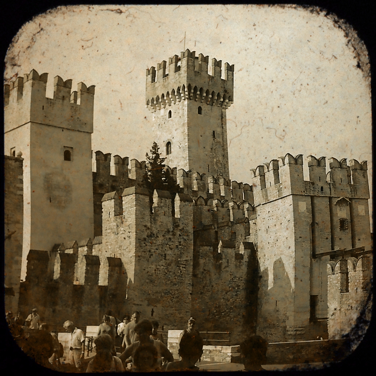 old black and white pograph of an outdoor castle