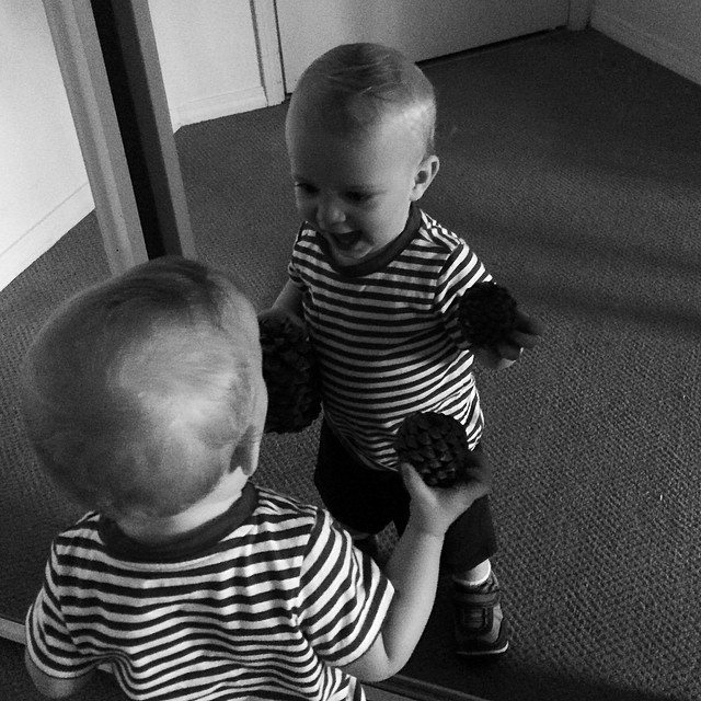 two s play with each other in a mirror