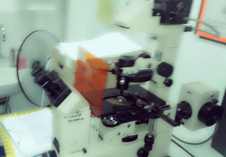 a microscope has a bright orange object in it