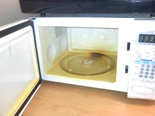 this microwave is filled with dirty looking water