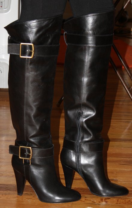 womens black high boots with a strap