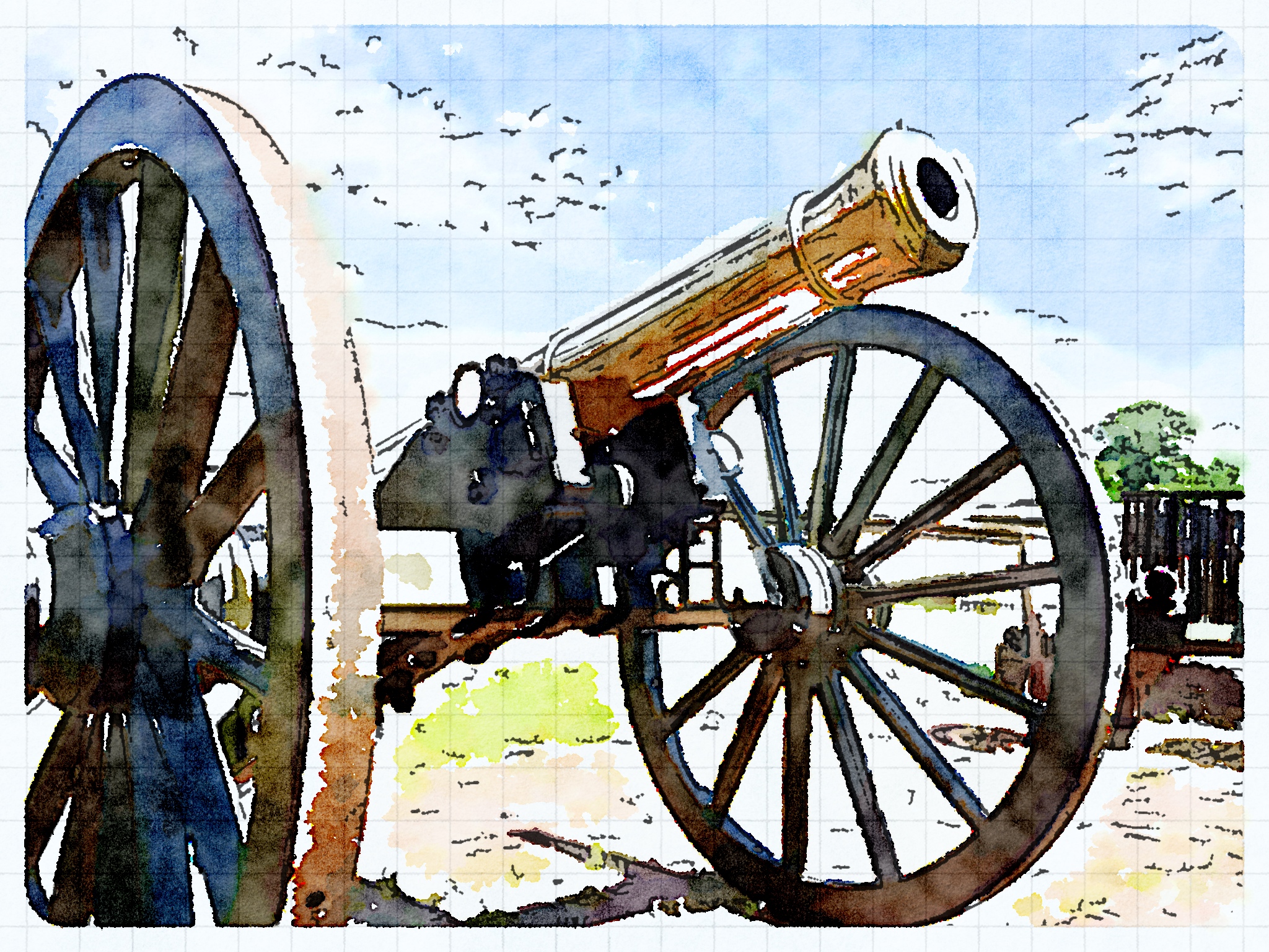 watercolor painting of a cannon with a side view in the background