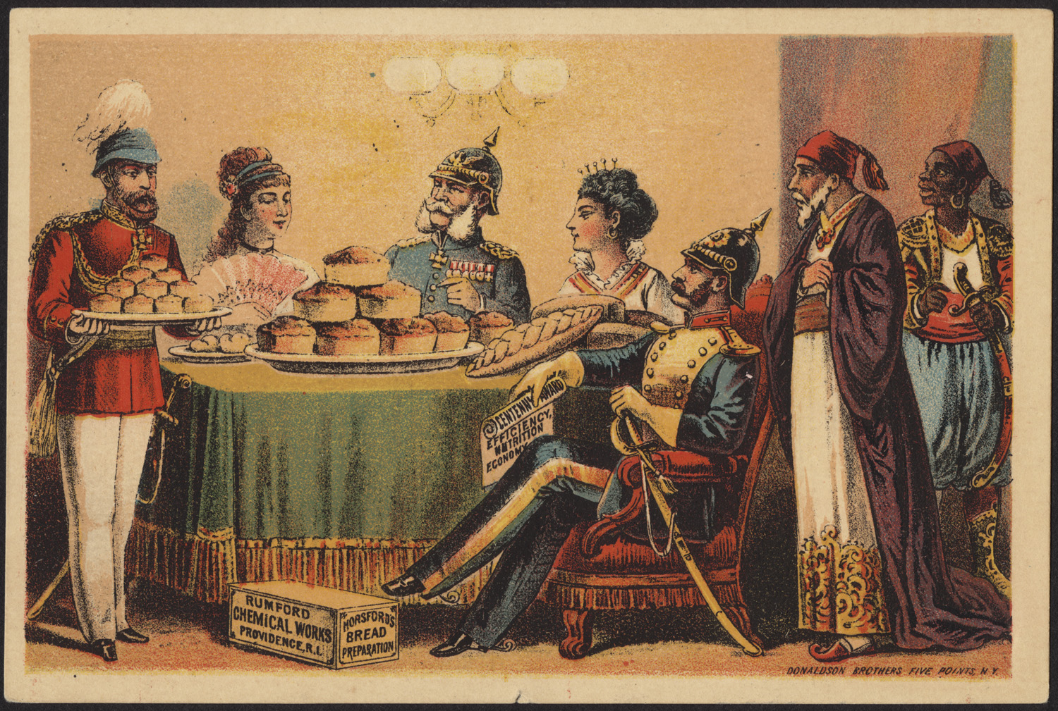 several different men, women, and children dressed in different costumes, having a meal together