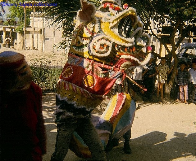 a man walking next to a lion decorated with flags