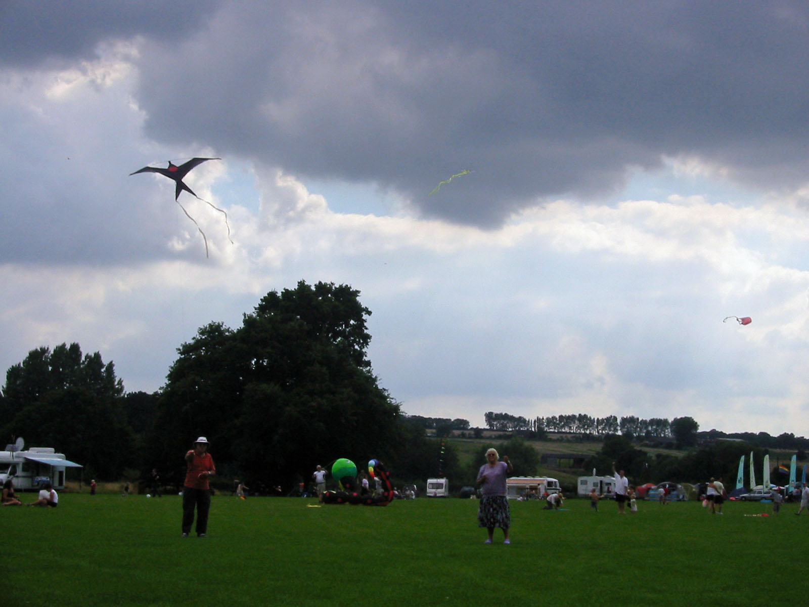 people are standing in a field with two flying kites