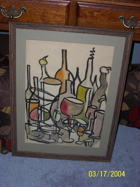 a picture frame with a painting of glasses and bottles on it