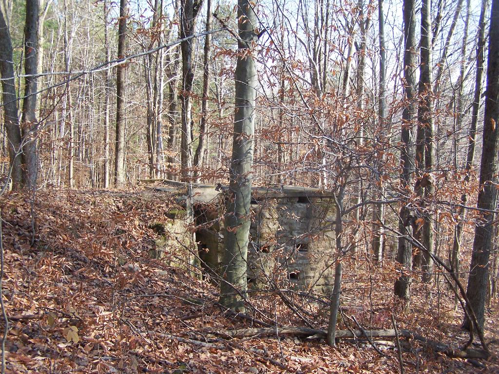 an old concrete structure in the middle of some trees