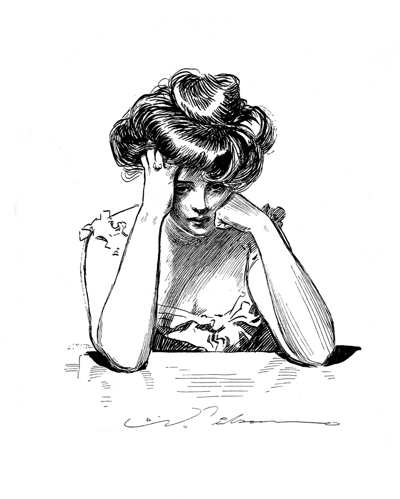a sketched woman sitting at a table