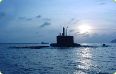 an ocean view with a nuclear submarine in the middle of the ocean