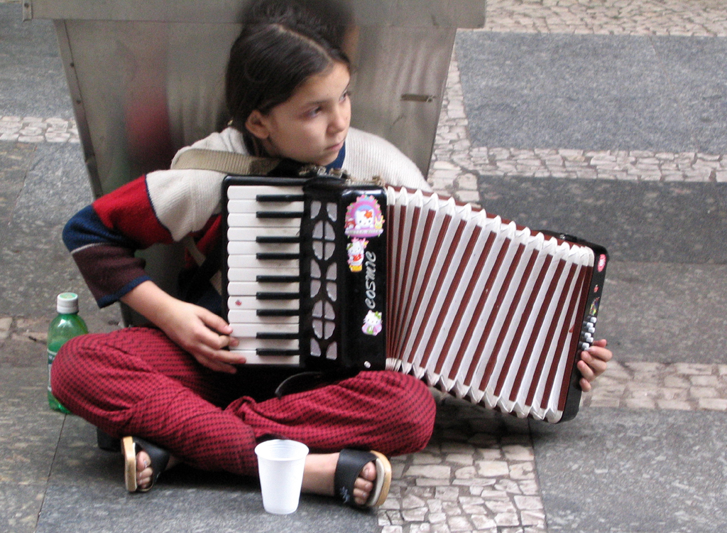 a little girl sitting on the ground playing an accordion