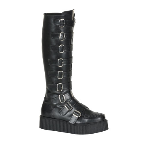 black knee high boots with metal buckles on the sides