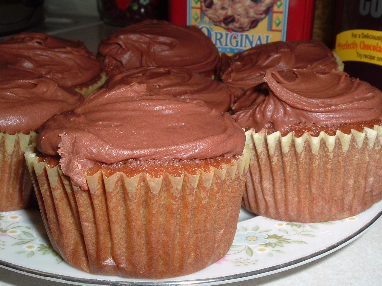 two chocolate cupcakes are on a plate