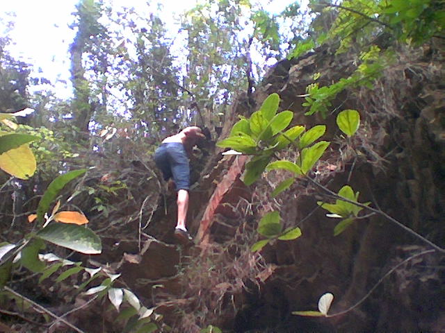a man climbing down stairs in the woods