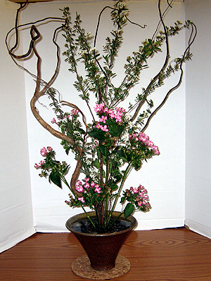 pink flowers in a vase next to a wood floor