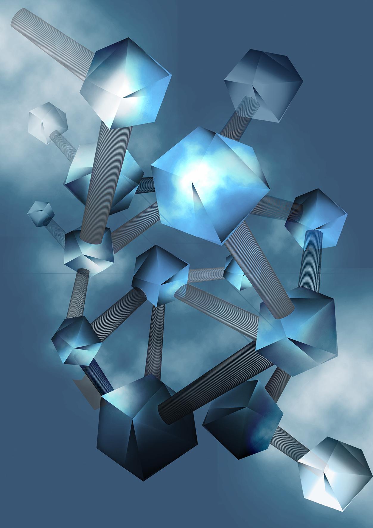 a digital image with several large blue shapes