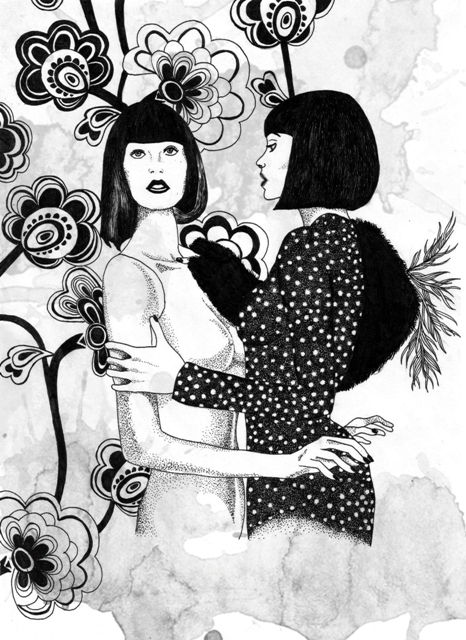 two women in a black and white drawing