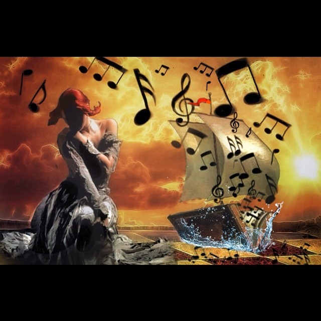 an image of woman with music notes in the background