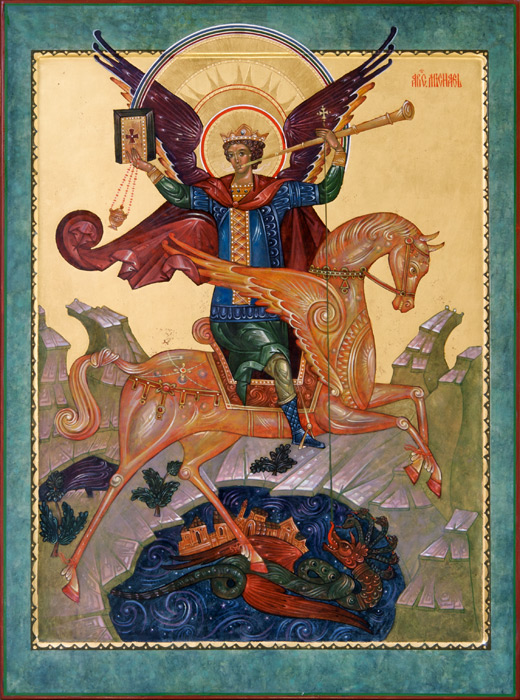 an icon depicting a saint on horseback with a sword