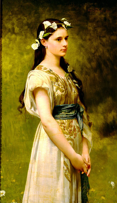 a painting shows a woman in white with a flower on her head