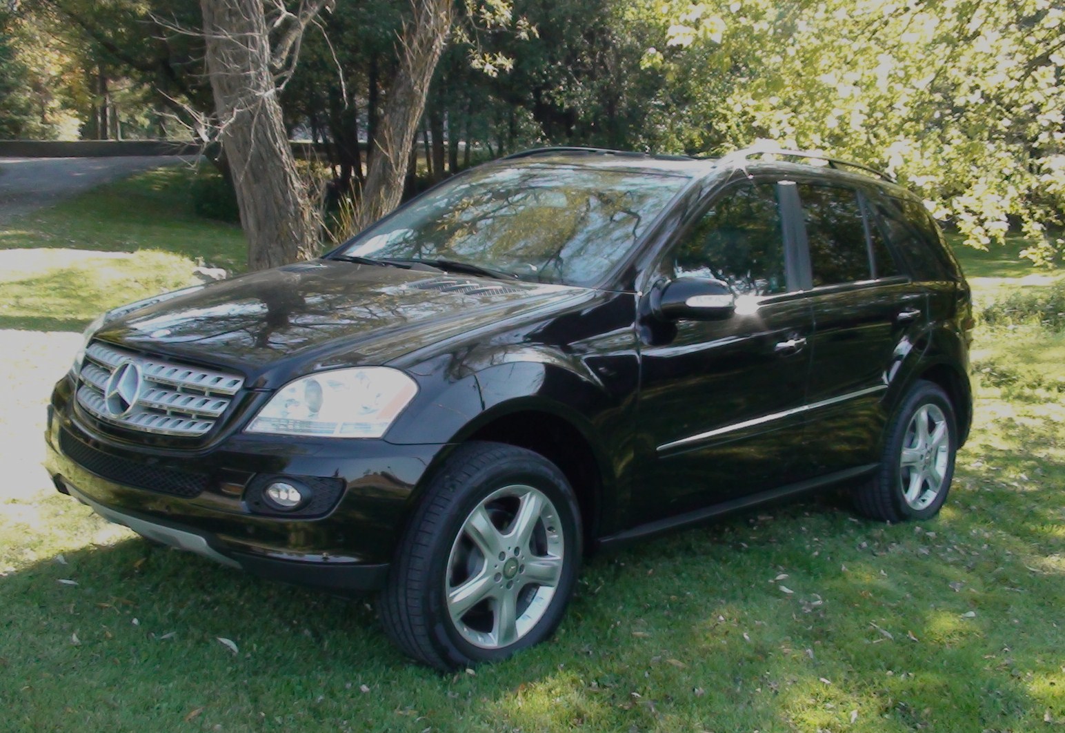 the black mercedes gl 350 parked in grass