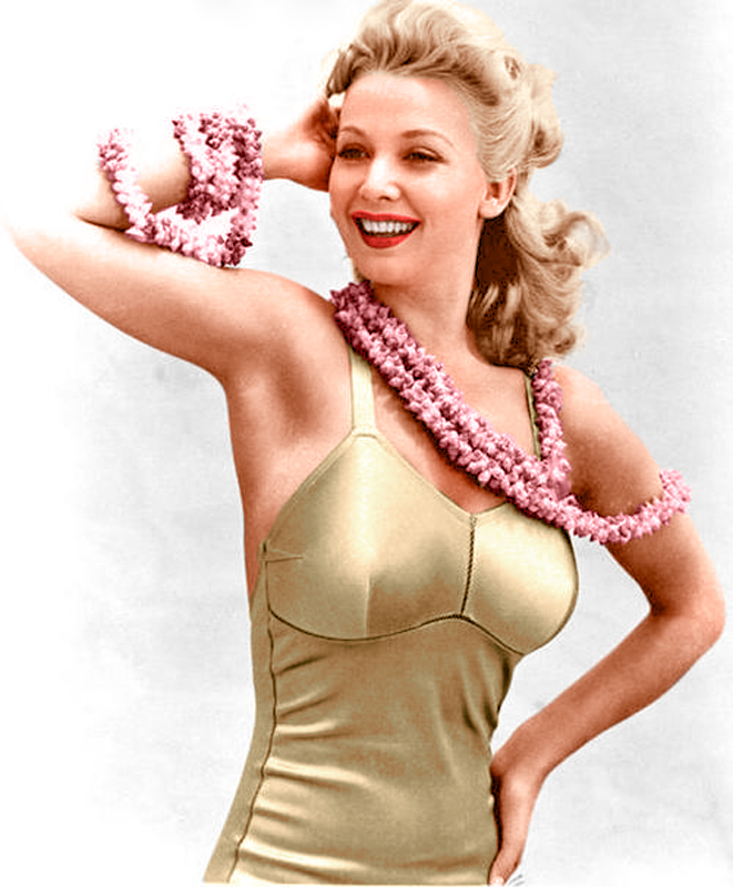 an illustration of a woman with a blonde top and pink flower leis