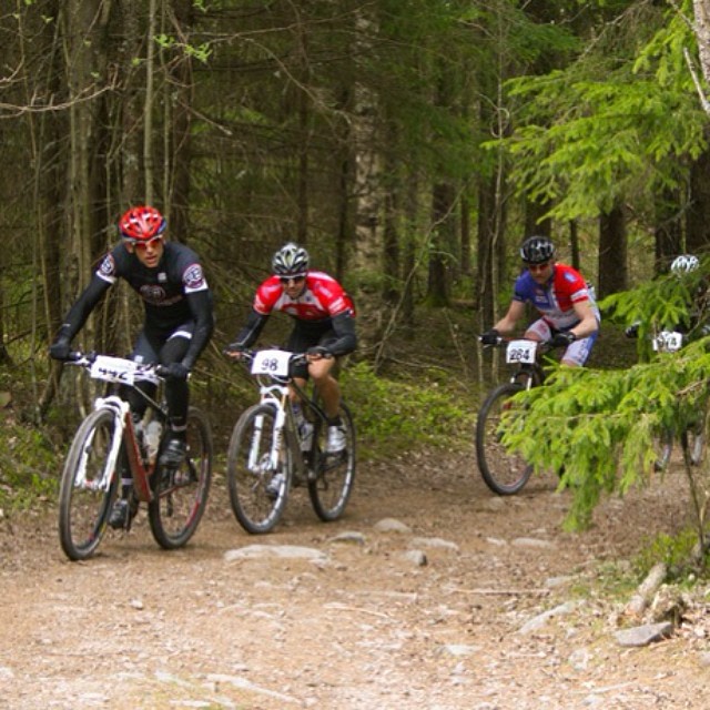 a group of riders on trail in forest area