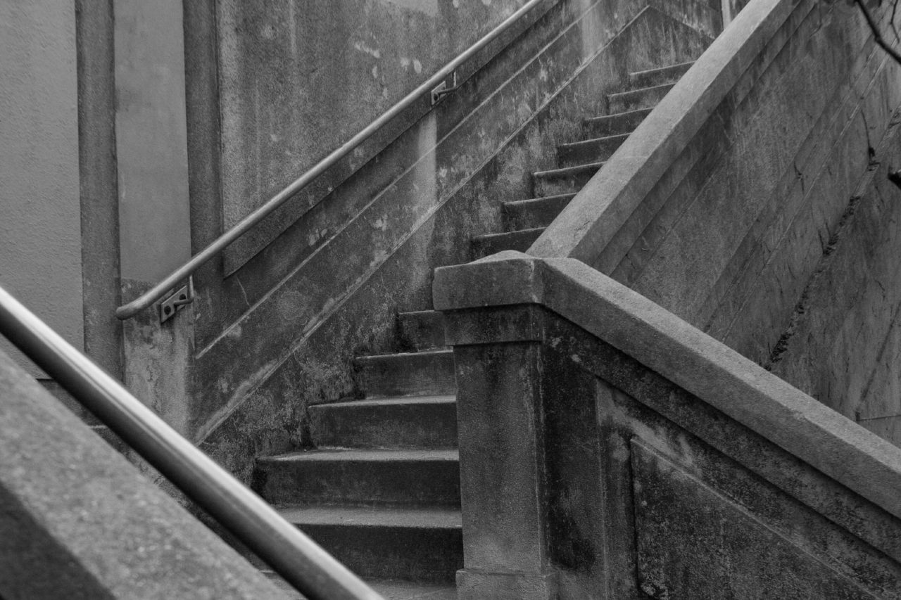 a black and white po of some stairs