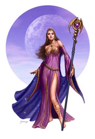 an art print of a woman wearing a purple costume and holding a staff