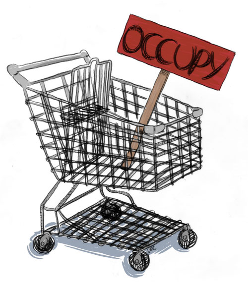 the cartoon shopping cart with a sign in the basket