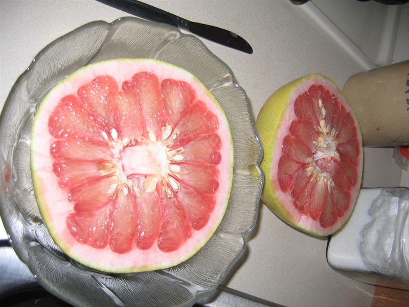 there are pieces of gfruit in the glass dish