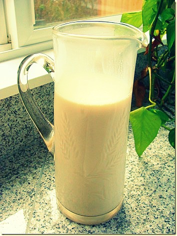 a pitcher of milk sitting on top of a counter