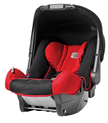 a baby car seat with a red and black seat cover