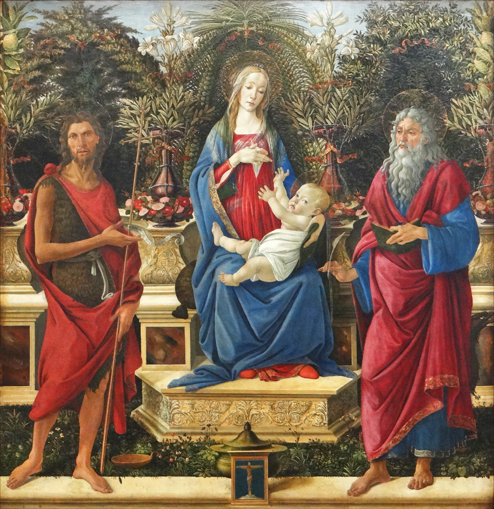 the virgin, a baby and three men are depicted in an image