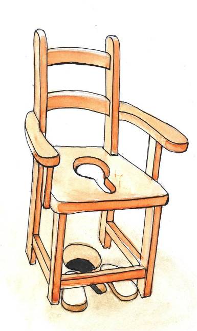 a drawing of a wooden chair with a hole in the floor