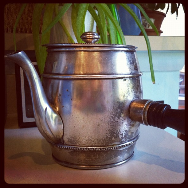 a metal kettle holding a beer, with a plant in the background