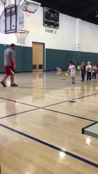 several children play with colorful basketball balls in the gym