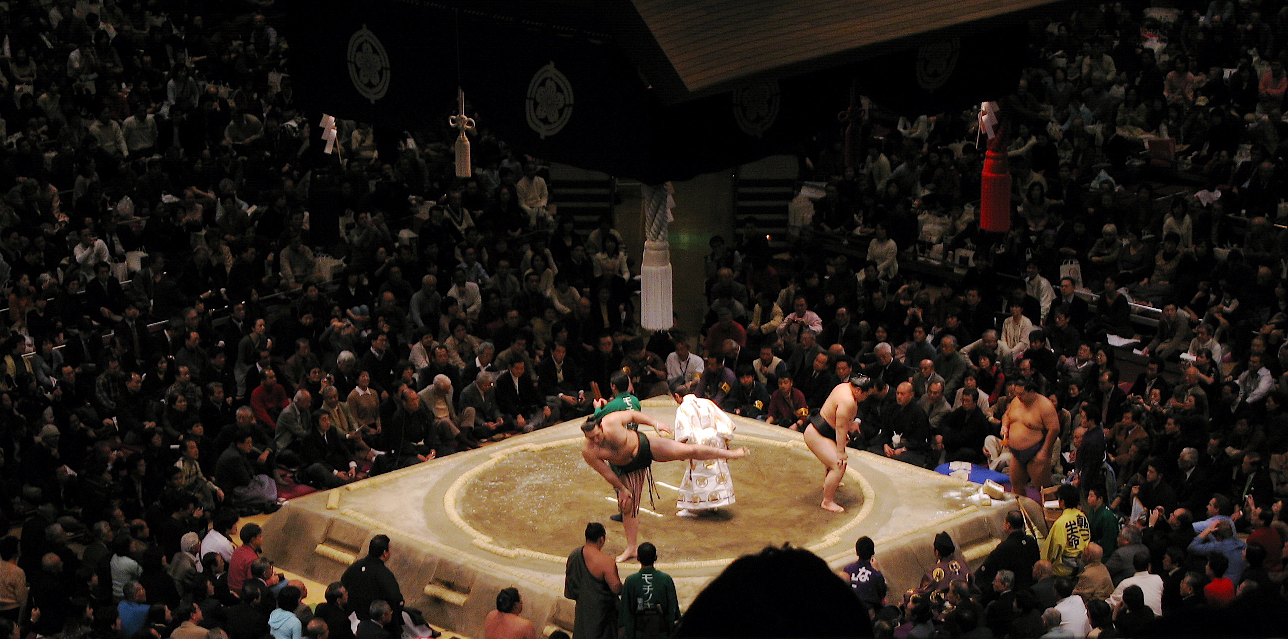 a sumo wrestler wrestling in front of the audience