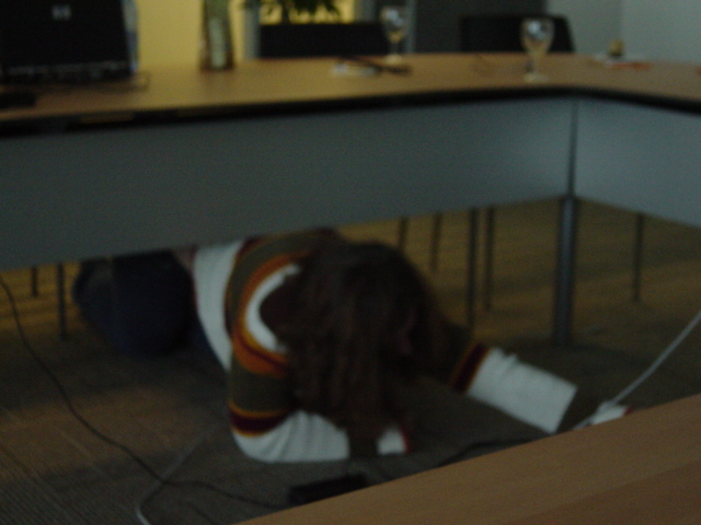 a person under a desk with a mouse on the floor