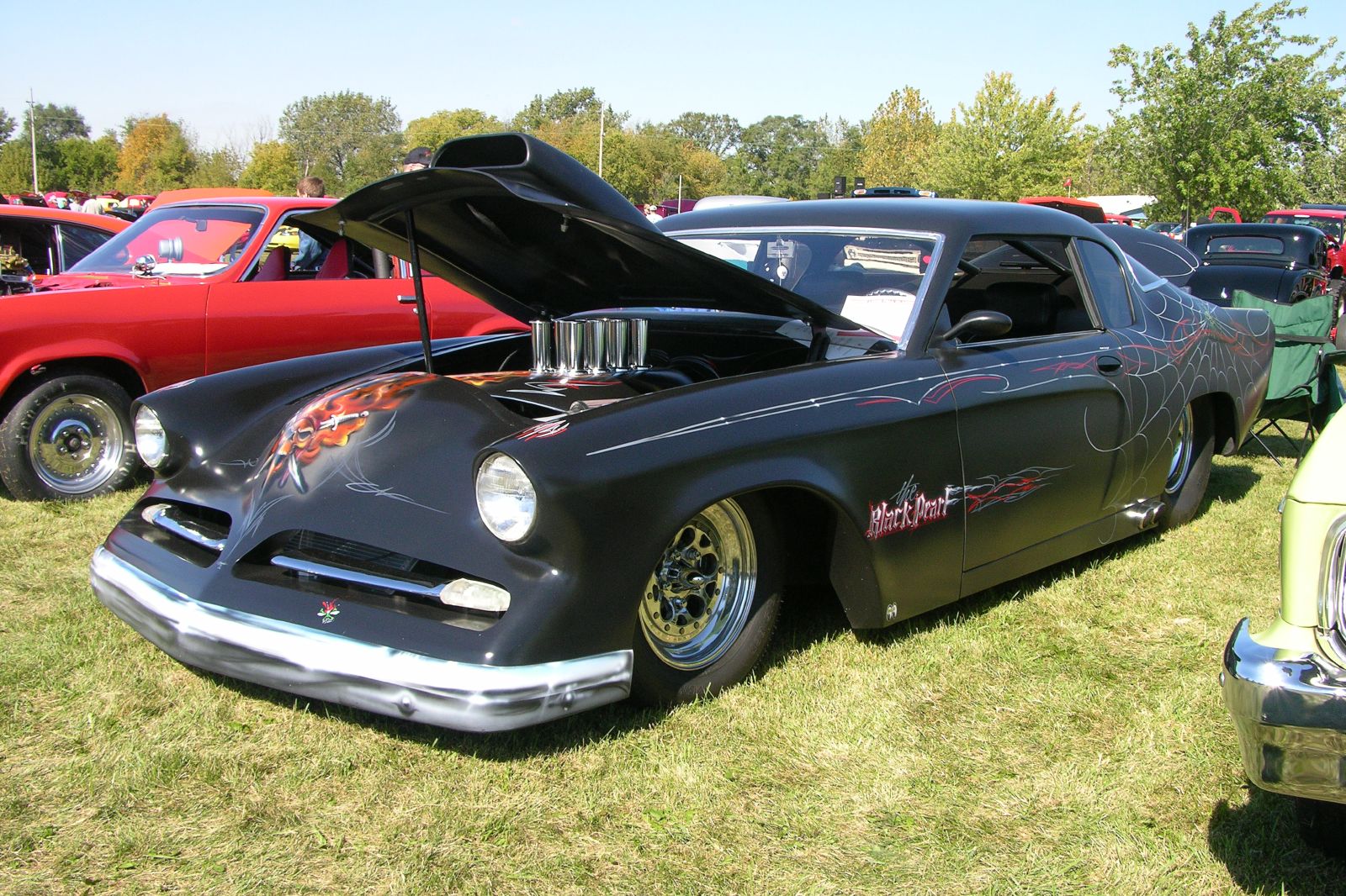 a car with a hood on parked in grass