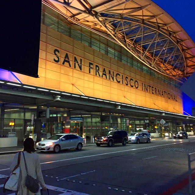 the san francisco international airport is lit up in bright light