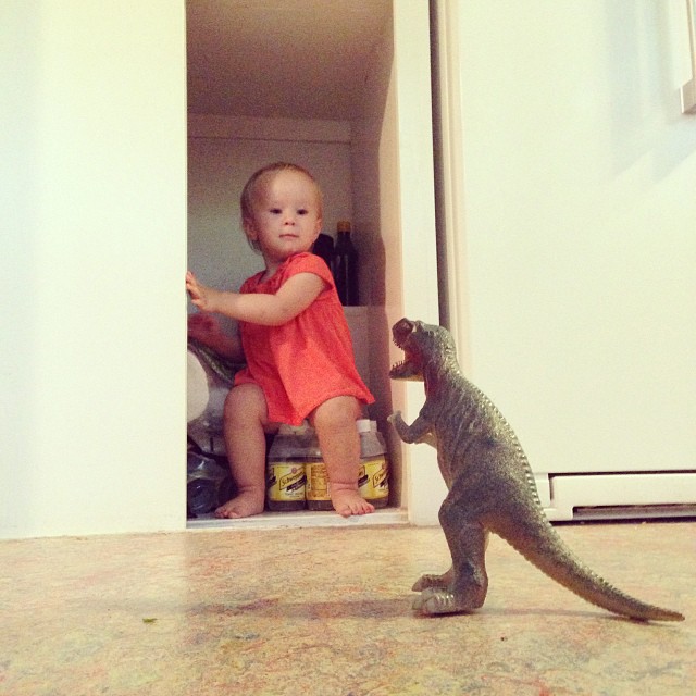 a small baby is playing with a toy crocodile