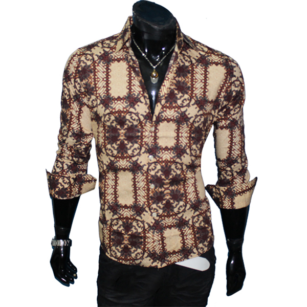 a men's dress shirt with brown and black design on it